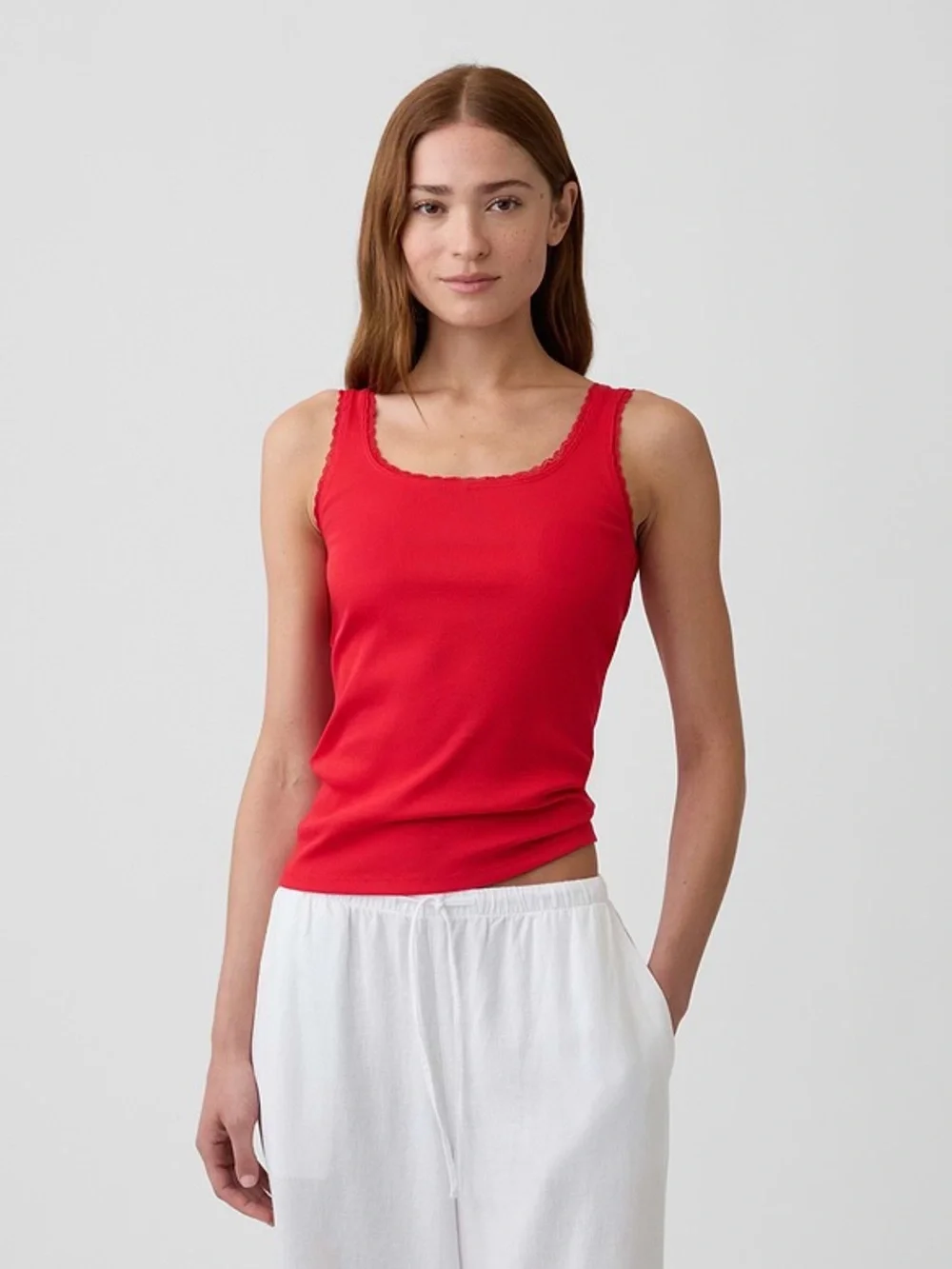 Gap Ribbed Lace-Trim Tank Top NWT Kids XL Womens Small Cotton‎ Red